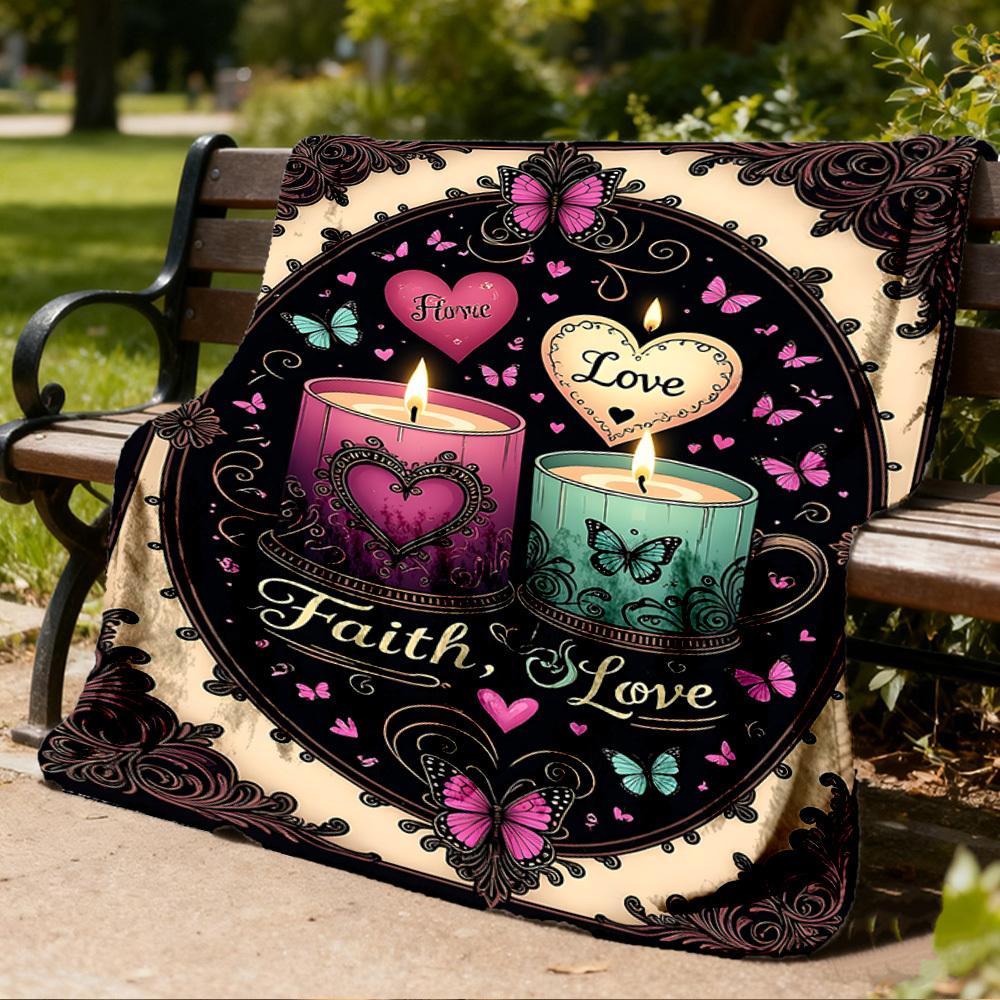 1pc Faith Love Candles Outdoor Flannel Blanket Soft All Season Polyester Throw , Perfect for Picnics & Travel , Picnic Accessory