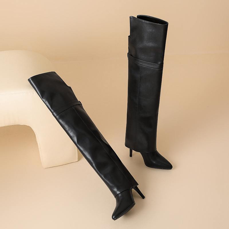 Krazing Pot Cow Split Skin Microfiber Pointed Toe Thin High Heels Size 46 Size 45 Slip On Plus Size Women Keep Warm Over-the-knee Boots