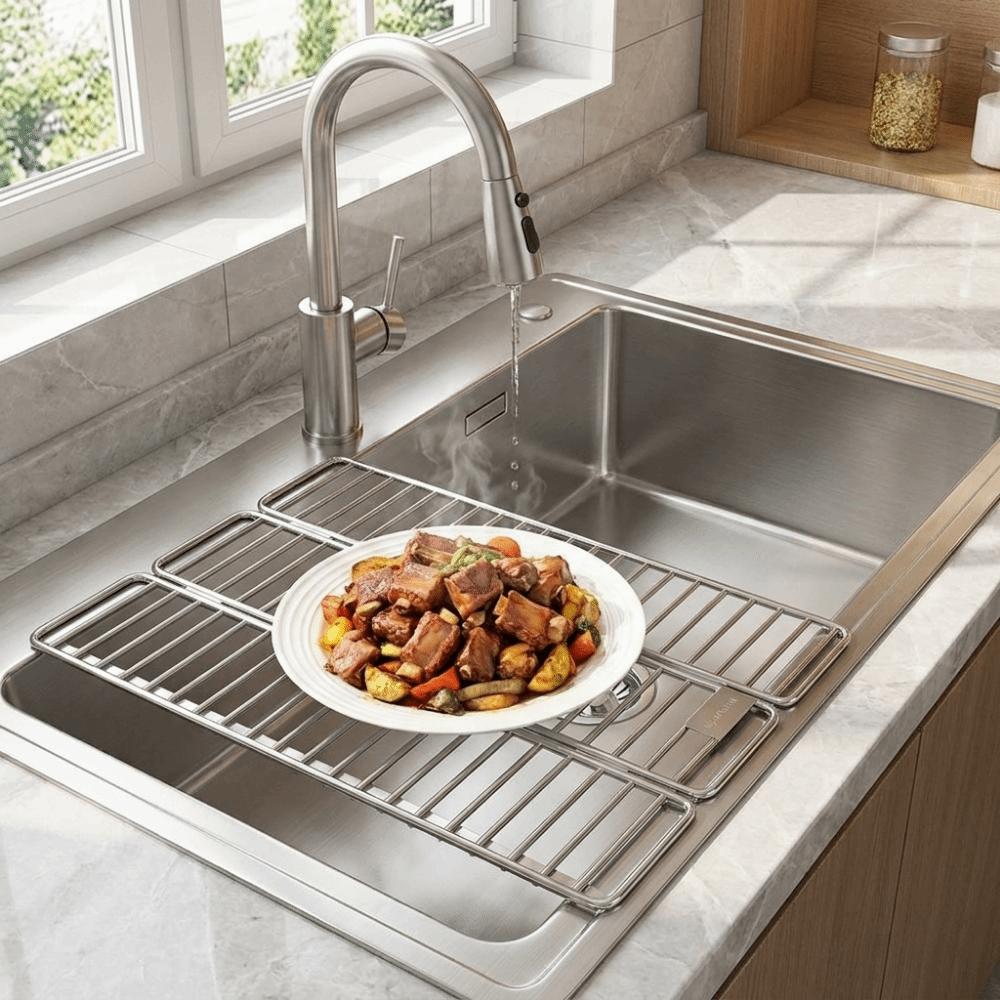 Adjustable Folding Dish Drying Rack Rust‑Resistant Over Sink Drain Mat Cups Drying