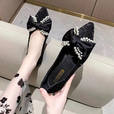 Мода На Каблуке Женская Обувь Слипоны Жемчуг Элегантная Вечеринка Заостренный Носок Женские Балетки Оптом Платье Низкая Цена Весенняя Скидка