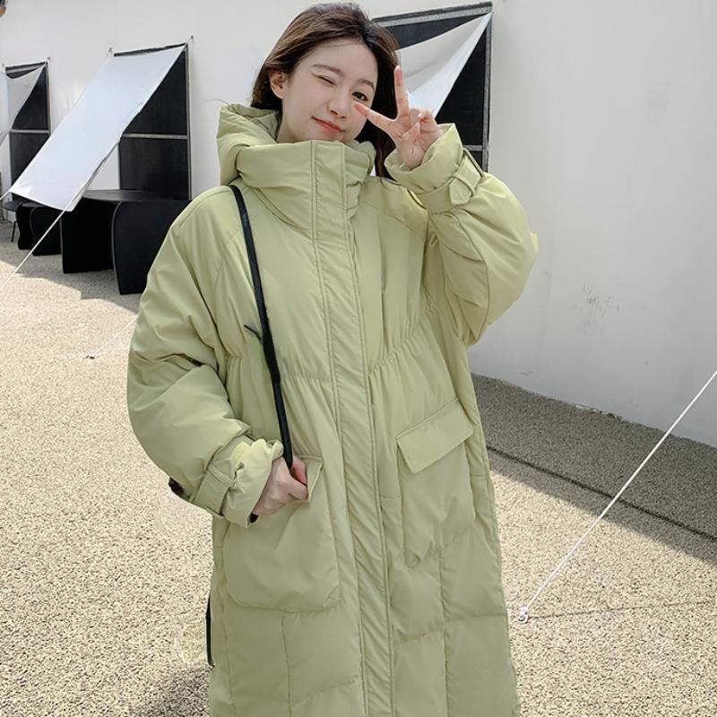 Женский зеленый пуховик с капюшоном, длинная хлопковая одежда, новая зимняя корейская мода, свободные теплые утолщенные ветрозащитные пальто большого размера, топы