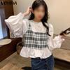VONDA женские осенние блузки с круглым вырезом и имитацией двух частей в клетку с длинным рукавом
