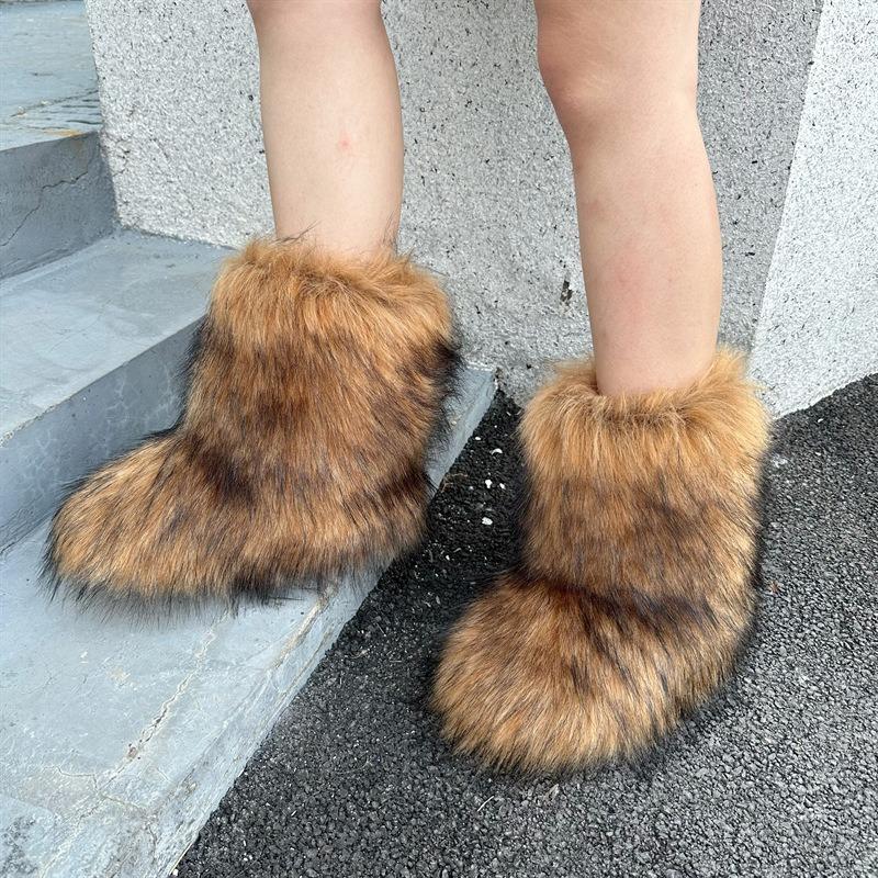 Imitation Raccoon Fur Plush Snow Boots Bag Head Warm Fluffy Fluffy Hot Girl