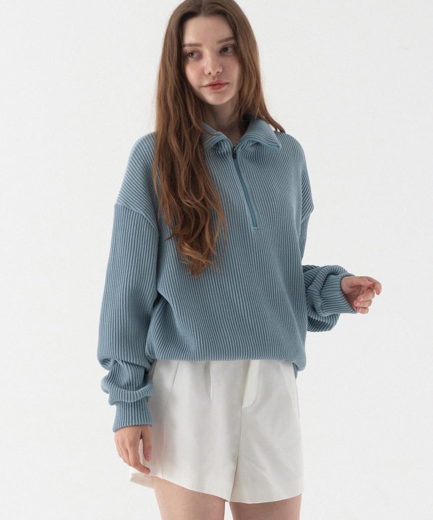 PIANER Comfortable Oversized Half-Zip Collared Knit (Sky Blue)