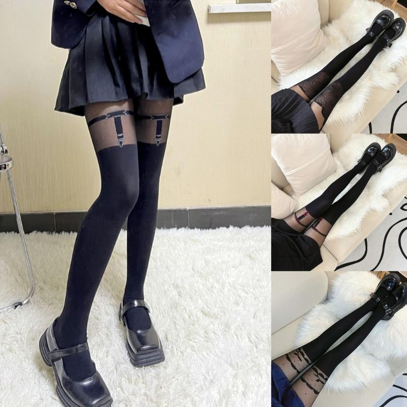 Women Jacquard Pattern Patchwork Mock Suspender Tights Sexy Faux Thigh High Socks JK Girls Black Pantyhose Stockings