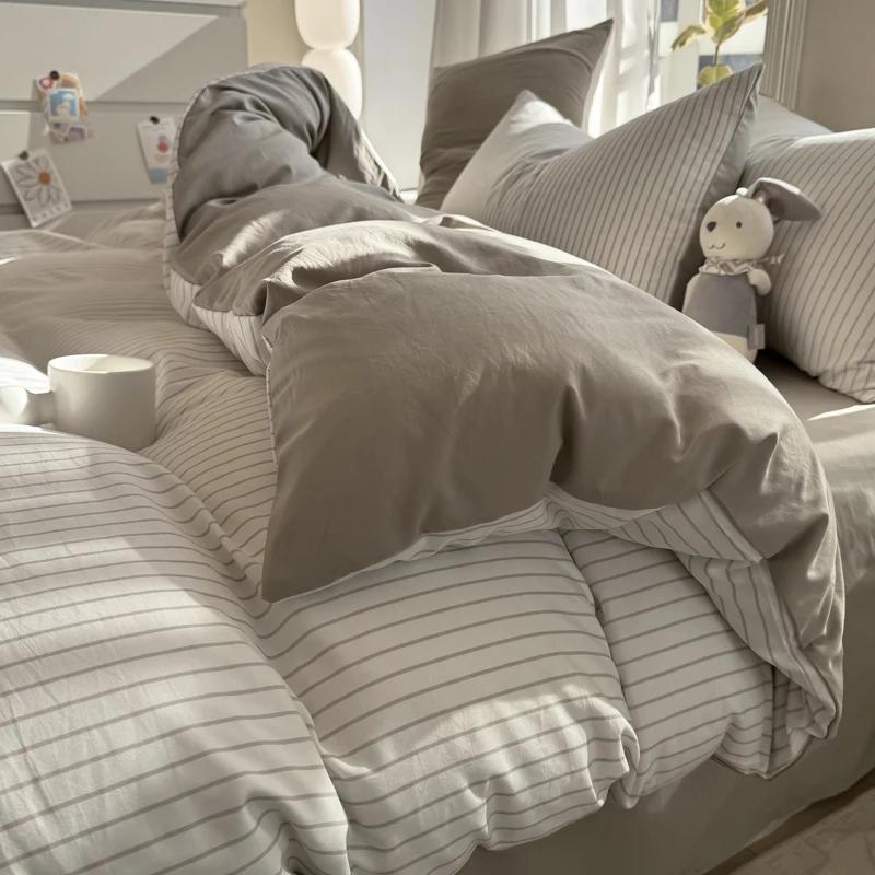 Pure Cotton Home Textile Striped Bedding Set Simple Soft Duvet Cover Sheet Pillowcase Ins Style Bed Linens Queen King Size