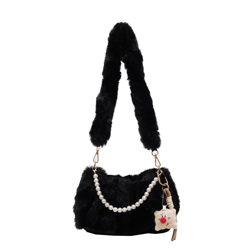 Korean Style Plush Shoulder Bag with Pearl Accents - Cute Autumn/Winter Crossbody