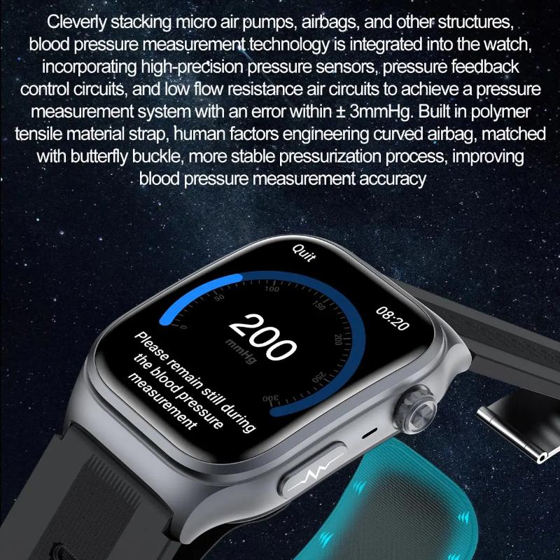 2025 Новые умные часы с подушкой безопасности Уровень ухода Звонок по Bluetooth Воздушный насос ЭКГ Точно Измерение артериального давления Мочевая кислота Липиды крови часы мужские