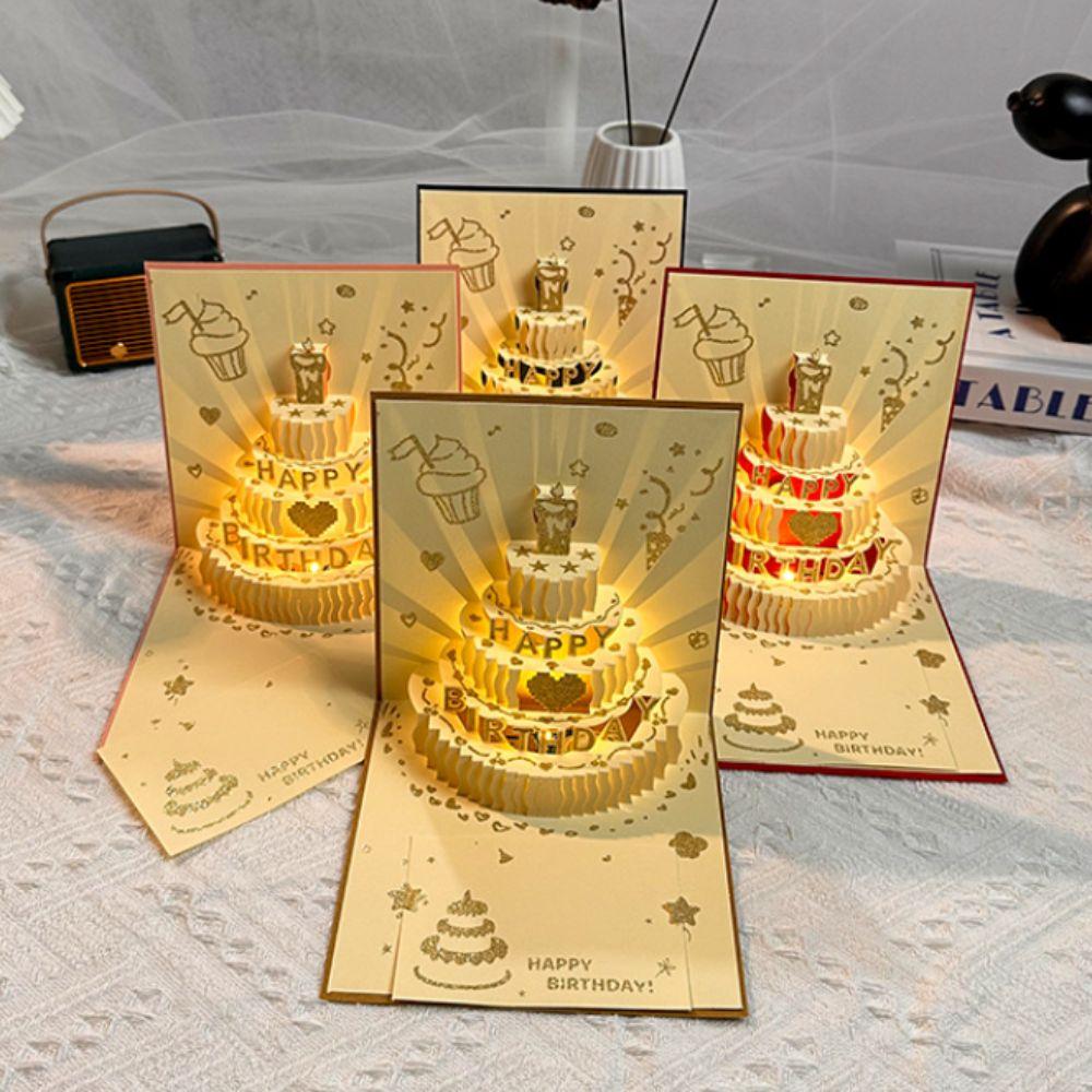 3D Light Birthday Card with Musical Pop Up Gift Message Cards with Envelope Folding Type Birthday Cake Cards