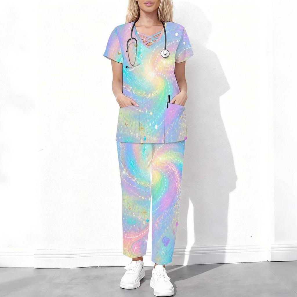 Women Plus Size Printed Scrub Set Crisscross Cutout Neck Short Sleeve Top Long Pants With Pockets