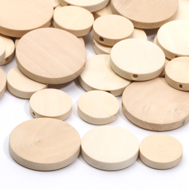 10-30pcs 15/20/25mm Unfinished Blank Wood Chip Flat Round With Holes Slices Wooden Beads For Woodwork Craft Diy Ornaments