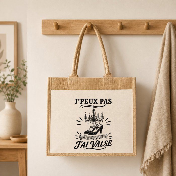Sac Cabas Jute avec Poche J’peux pas j’ai Valse J'peux pas minimaliste | Toile de Jute et Coton 21 L Fond Plat Anses 65 cm | Marché