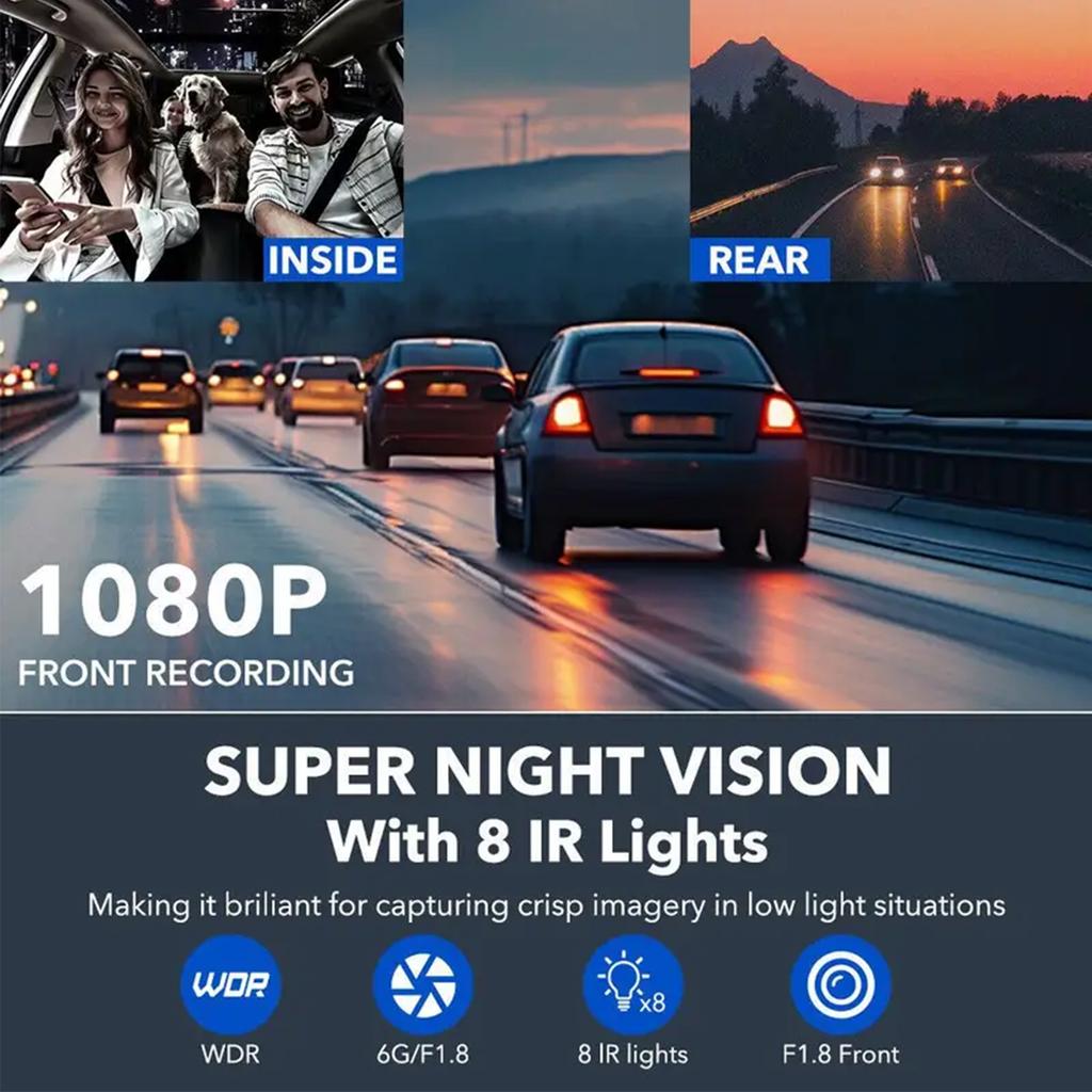 1080P WIFI Camera for cars, 3Channel Dash cam Front Inside and rear  car DVR with IR Night Vision Loop Recording Wide angle cam