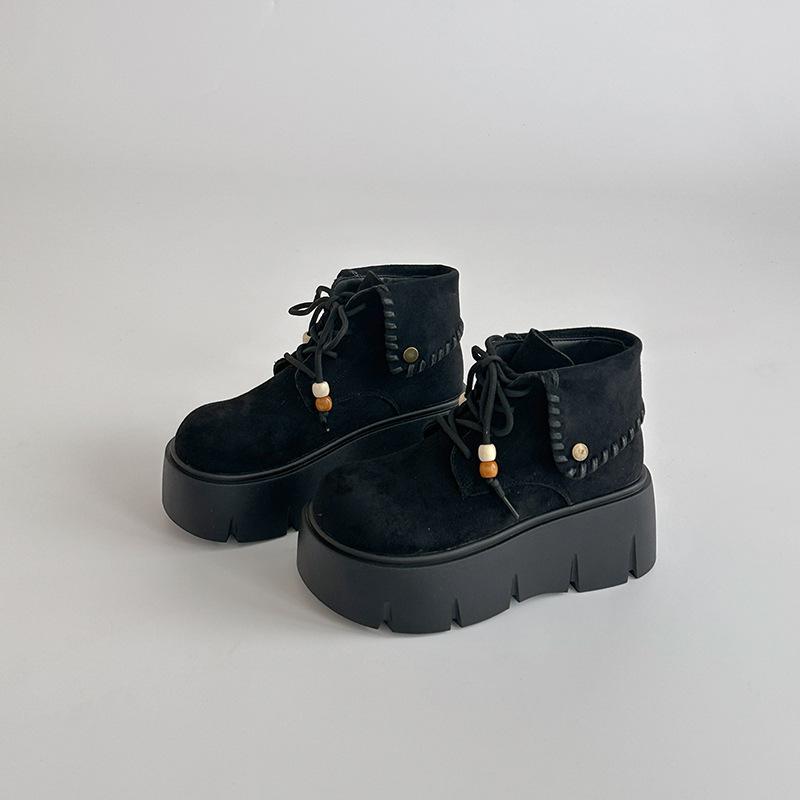 Retro Solid Color Design, Thick-soled Lace-up Folding Martin Boots for Women's 2025 Autumn and Winter New Models, Small People Increase Height and