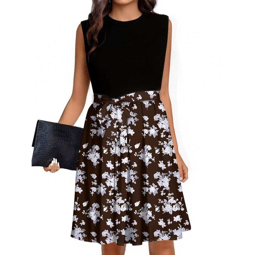 Женское модное повседневное короткое платье без рукавов со шнуровкой и круглым вырезом