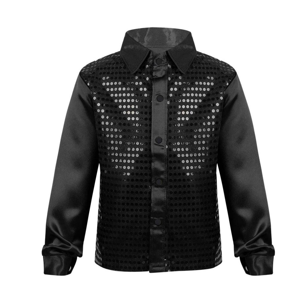 Kids Shiny Sequins Shirt Boys Children Hip-hop Jazz Dance Performance Shirt Stage Dance Blouse