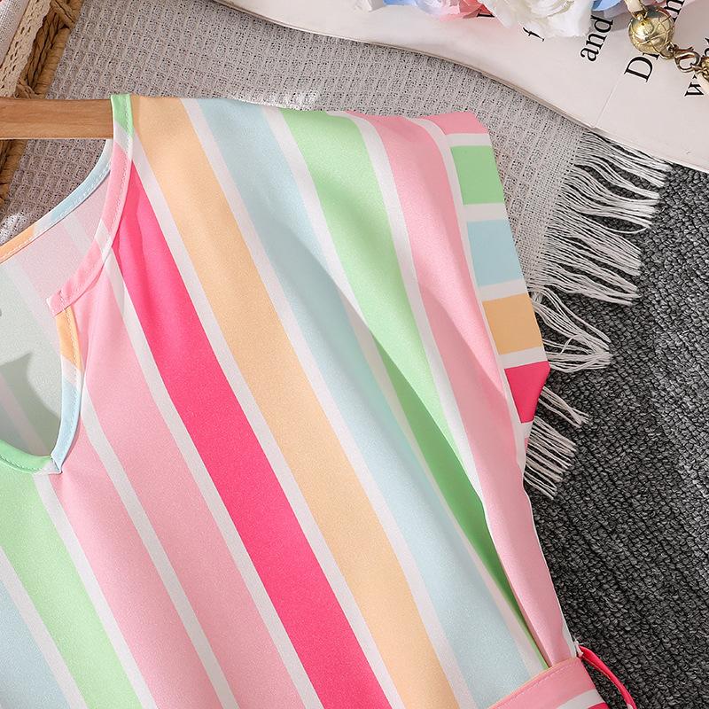 Girls' Fashion Dress 2025 Summer Children's Colorful Striped Printed Short-sleeved Dress