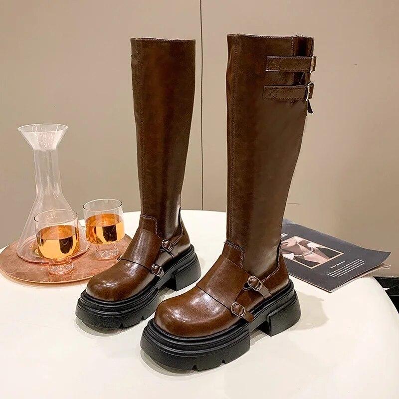 Женские ботинки до колена на платформе с шипами, весенне-зимние рыцарские армейские готические элегантные женские туфли на среднем каблуке, мотоциклетная обувь
