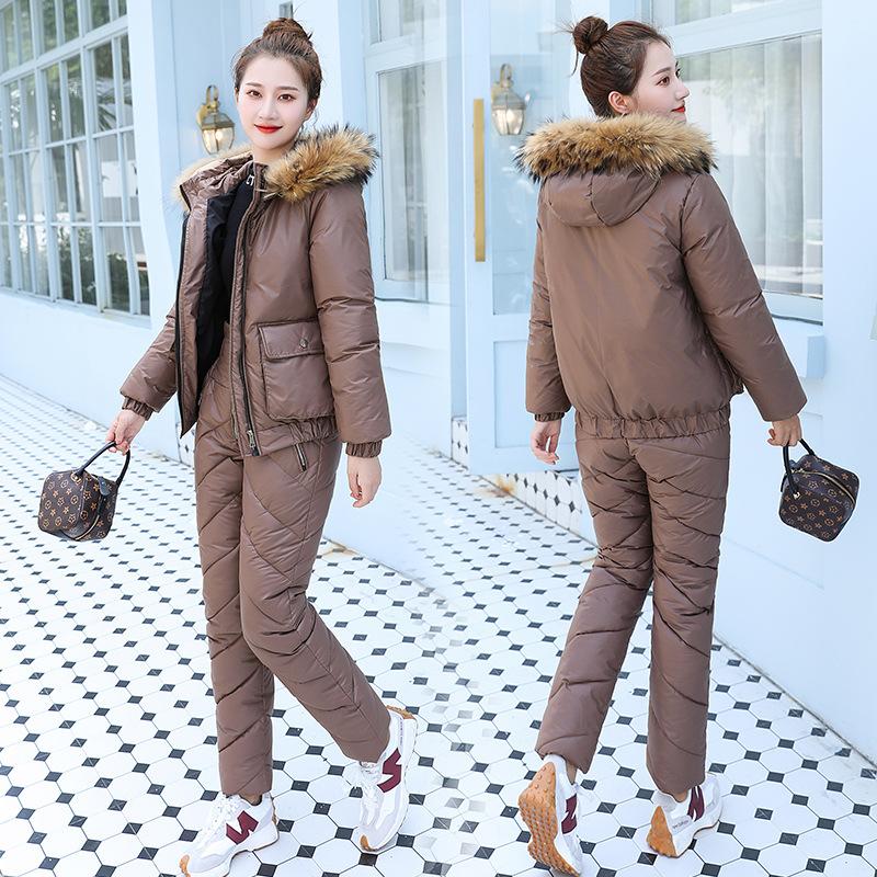 Уличная одежда с хлопковой подкладкой, женские зимние новые стильные топы и брюки, повседневная одежда, костюм, облегающая утолщенная одежда с хлопковой подкладкой