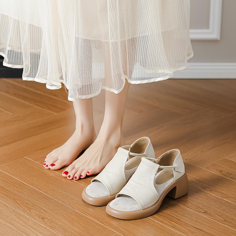 Soft Leather Edition~ French Retro Platform Heel Soft Leather Sandals Women's Summer Simple Velcro Commuter Open-toed Roman Shoes