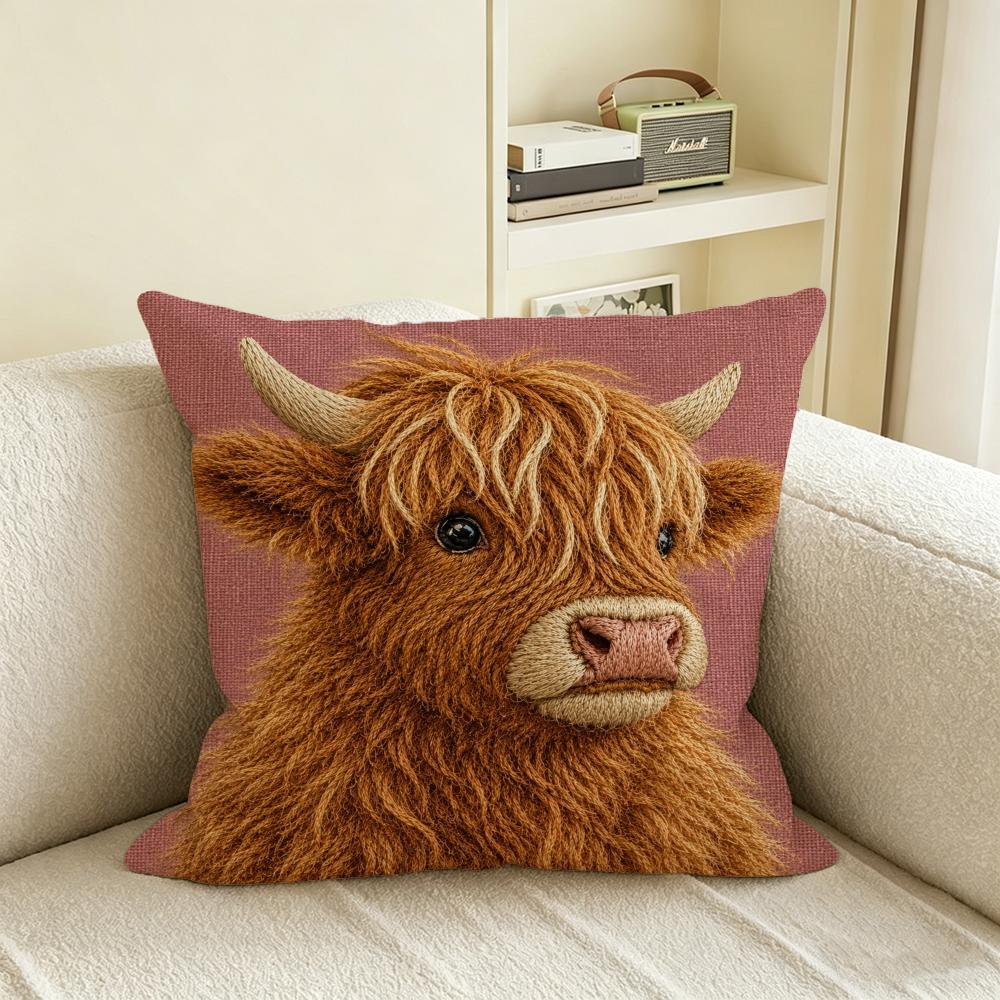 Animal D FlatPrinted Highland Cow Cushion Cover Natural Linen Pillowcase Set AllinOne Decor for Sofa Bedroom Chair