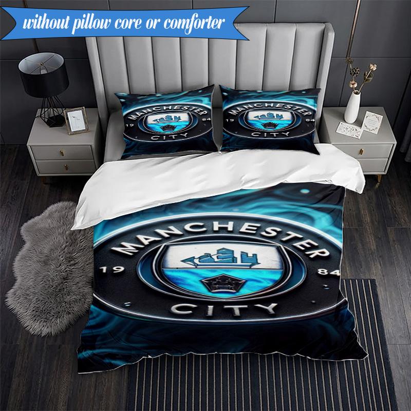 3PCS Manchester City F.C Printed Soft Bedding Set,Including 1pc Duvet Cover And 2pcs Pillowcases Perfect for Bedroom, Dormitory, Fan gift