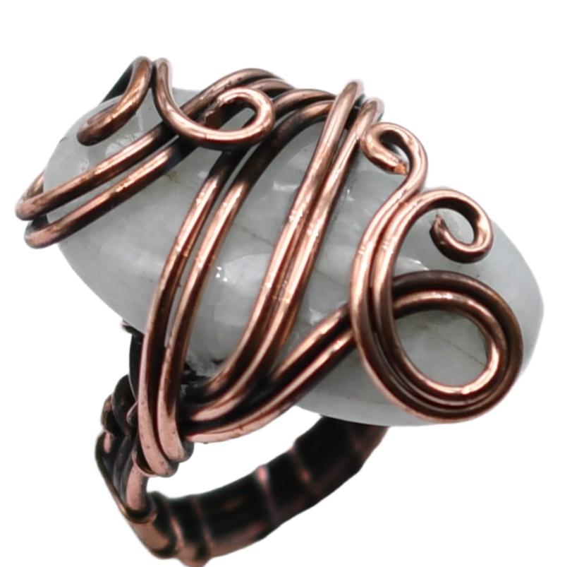 Moonstone Natural Gemstone Copper Wire-Wrapped Ring US Size-7 A226