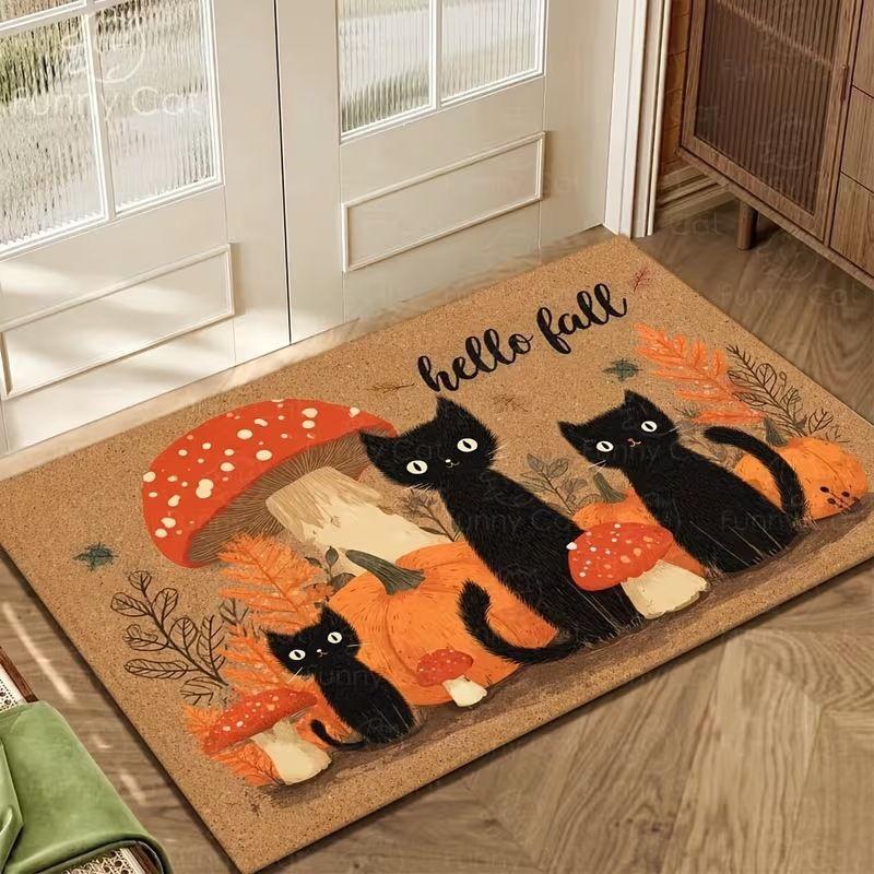 Halloween Black Cat Ghost Pumpkin Door Mat Non-Slip Entry Rug Porch Front Door Outdoor Home Decor