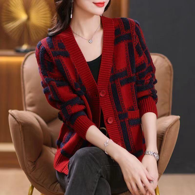 Весна и осень новый женский свободный кардиган в стиле вестерн топ жаккардовый цветной блок свитер с V-образным вырезом