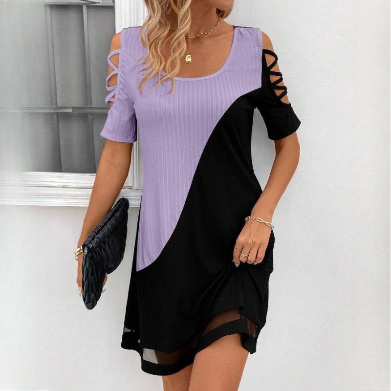 GMXIA Women's Spring, Summer and Autumn Temperament Colour Splicing Hollow Mesh Clashing Colour Splicing Dress Midi Dresses