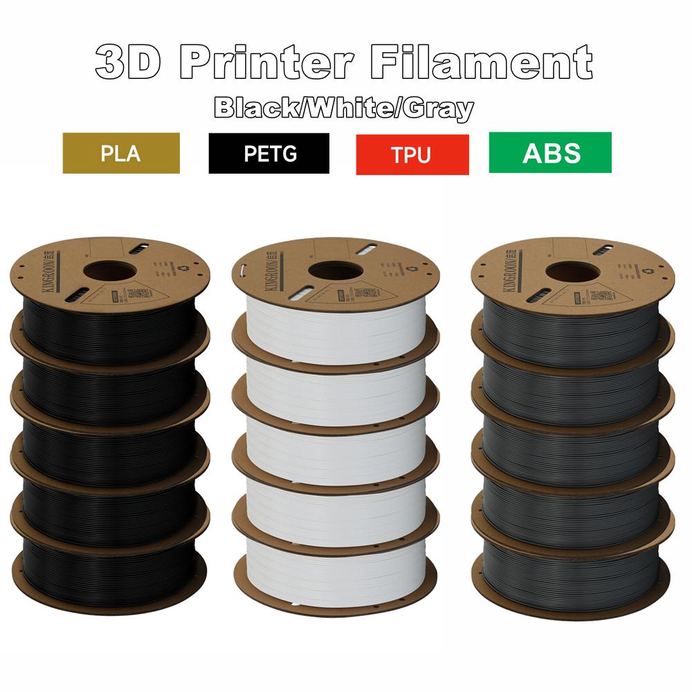 KINGROON 3D Printer Filament PLA PETG TPU ABS 5KG Bundle Black White Gray 1.75mm No Bubbles Plastic 5x1kg/Roll, Random Spool