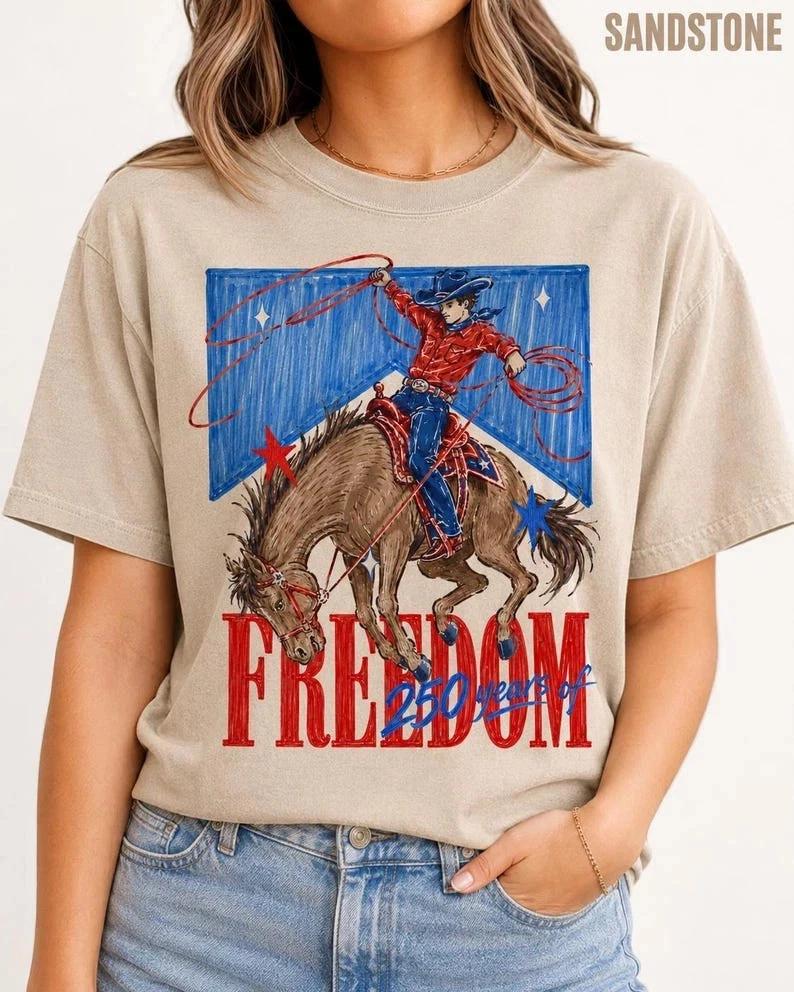 Freedom 250 Years Shirt, Western Cowgirl Patriotic T-Shirt, Fourth Of July Rodeo