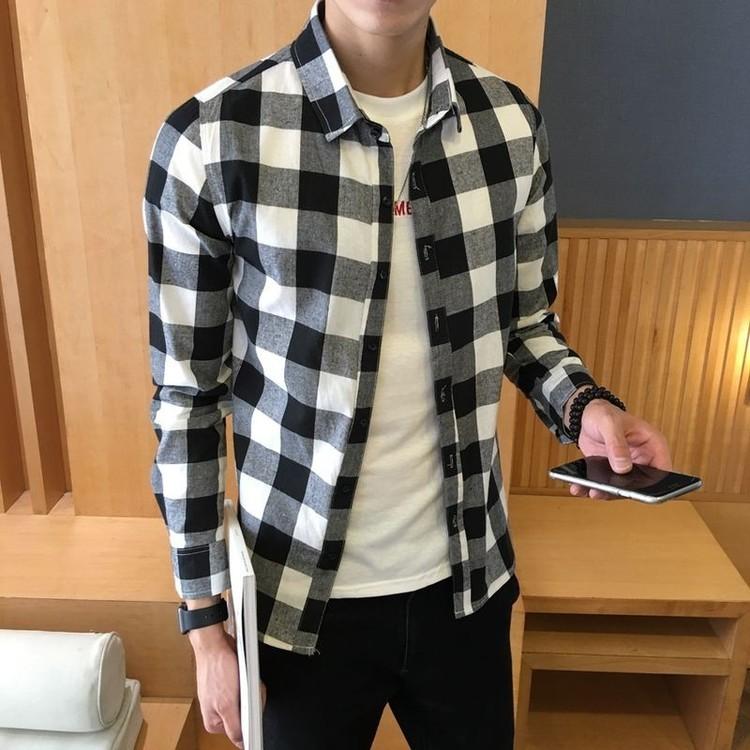 Мужская классическая клетчатая рубашка с длинным рукавом и клетчатым принтом, футболки с лацканами