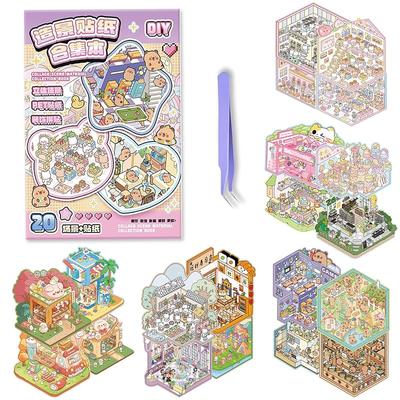 Книга наклеек Sitengle 3D Пейзажная сцена, 20 наклеек, с пинцетом, 3D наклейки с домиками, Милый дневник, Хобби, Снятие стресса, 3D игрушка, Бумажный материал,