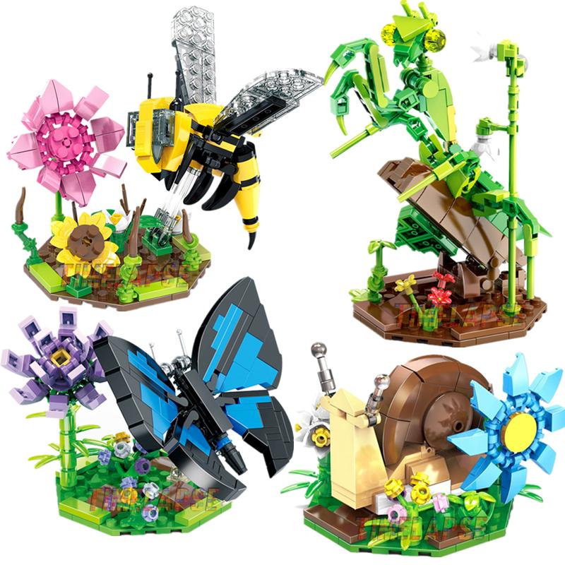 Cute Animals The Insect Collection Butterfly Mantis Bee Snail Building Blocks Kit Girl Bricks Model Kids Toy Children