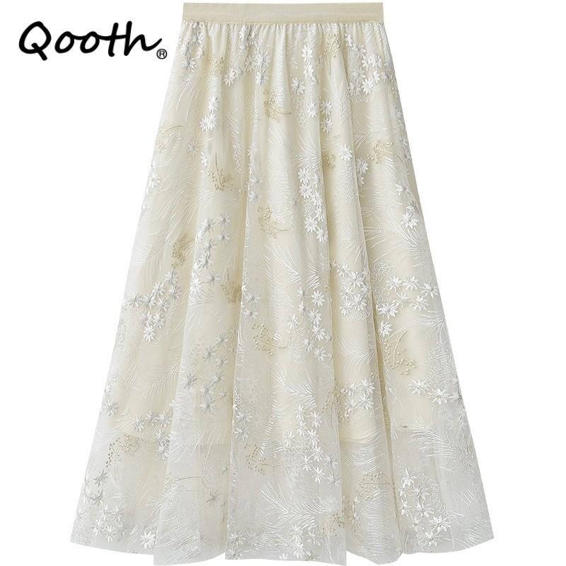 Qooth Women A Line Tulle Embroidered Flowers Skirt Wide Hem Mid Length Elastic Waist Skirt QT2654
