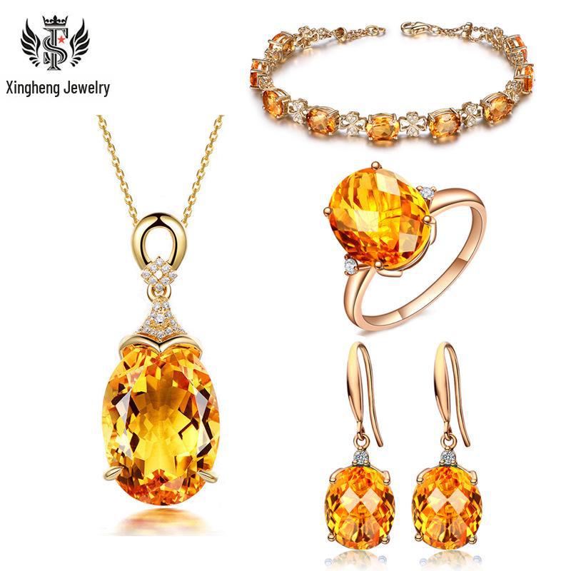 Yellow Gold Oval Earrings & Citrine Pendant Set with Simple Moissanite Bracelet and Four-Claw Citrine Ring