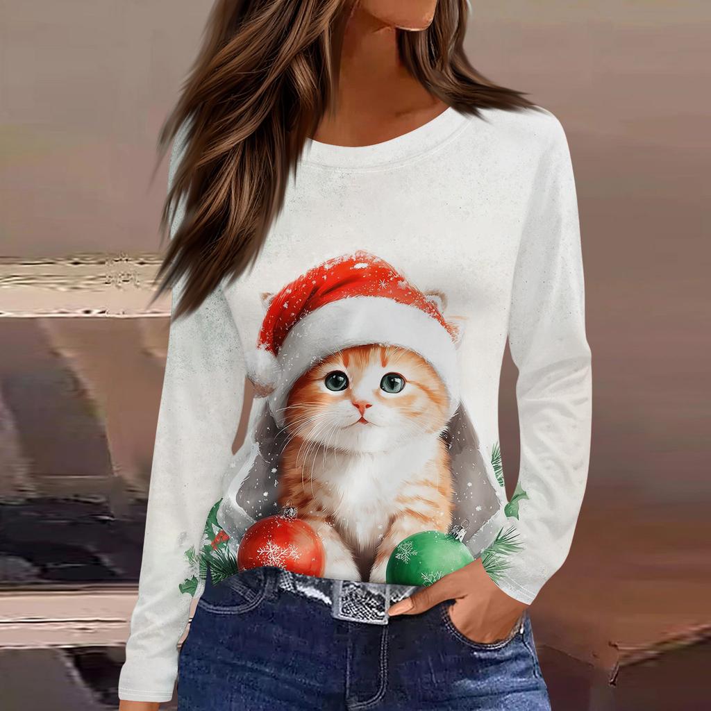 Women's Fashion Casual Slit Hem Round Neck Long Sleeve Loose Christmas Printed T-Shirt Ladies Top