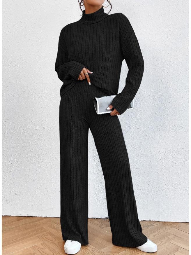 European & American 2023 Autumn/Winter High-Neck Knit Sweater & Loose Trousers Women's Two-Piece Casual Suit
