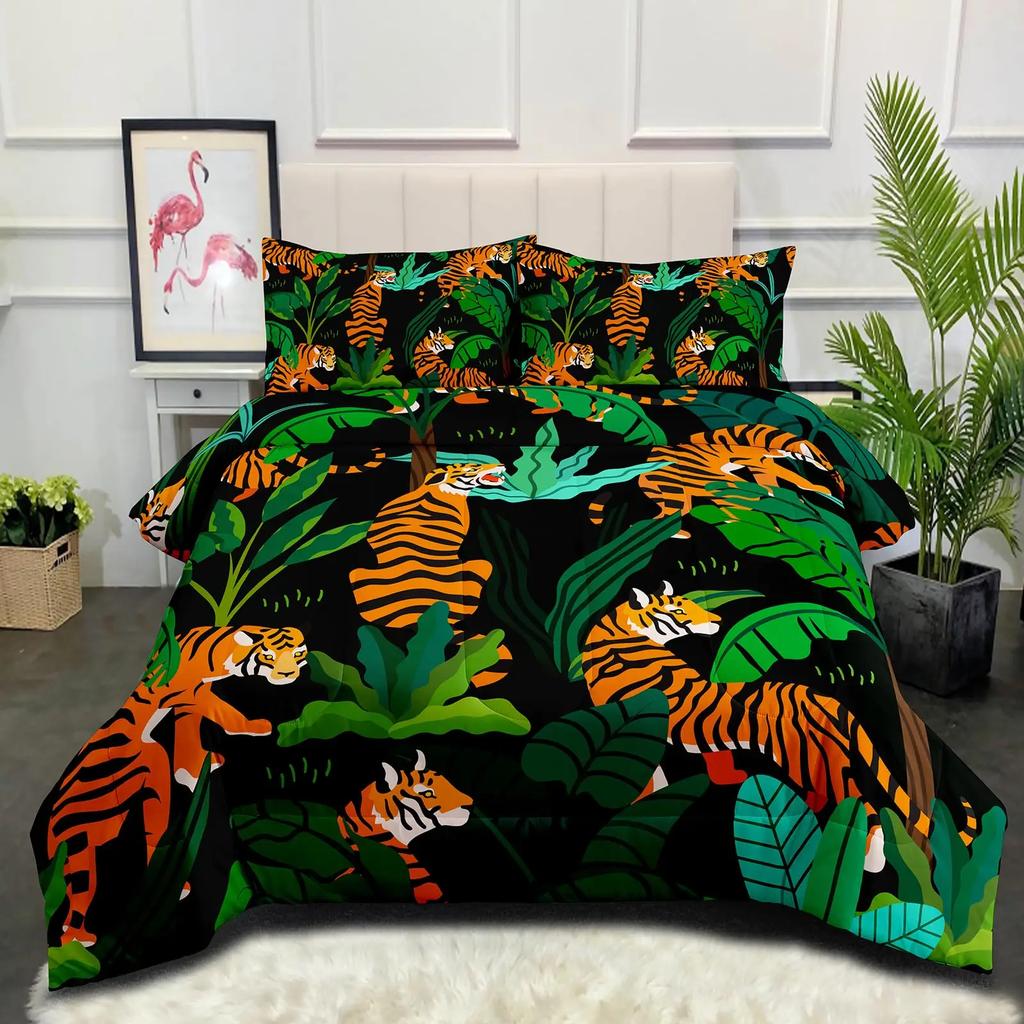 Tiger Comforter Cover Set 3D Tiger Lying on The Stump Pattern Duvet Cover with Zipper Ties Wild Animal Theme Bedding Set for Kid