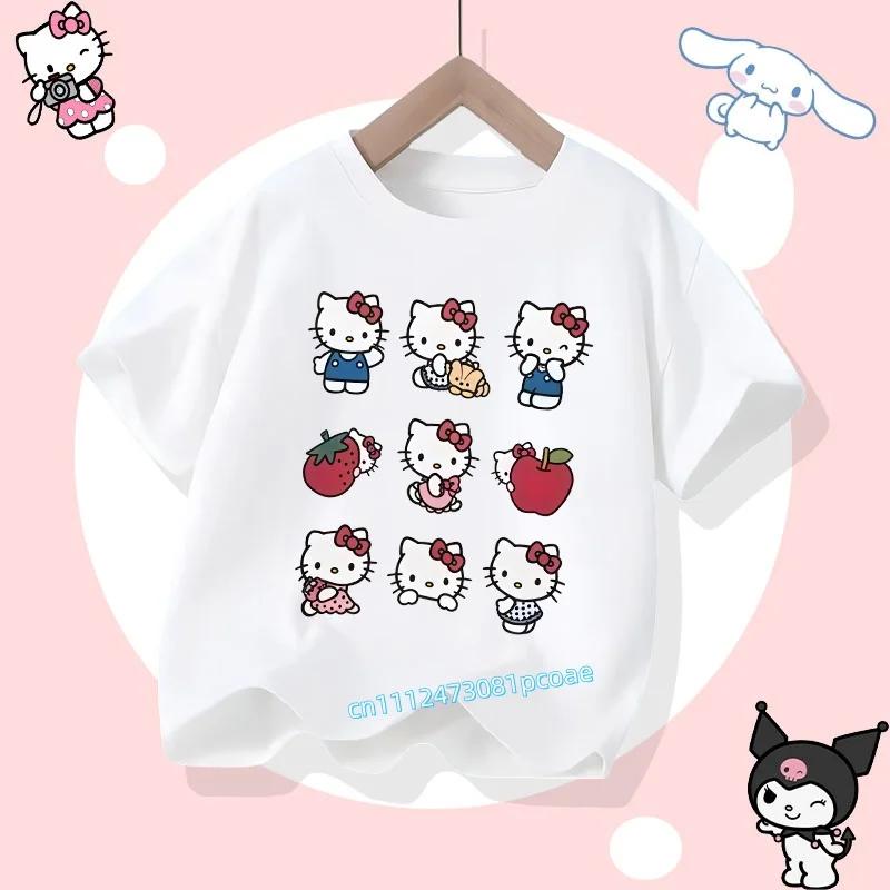 2026 Hello Kitty Summer Tshirt Cotton ShortSleeved Girls Sportswear with Cartoon Print for Children Aged 112 Years Old
