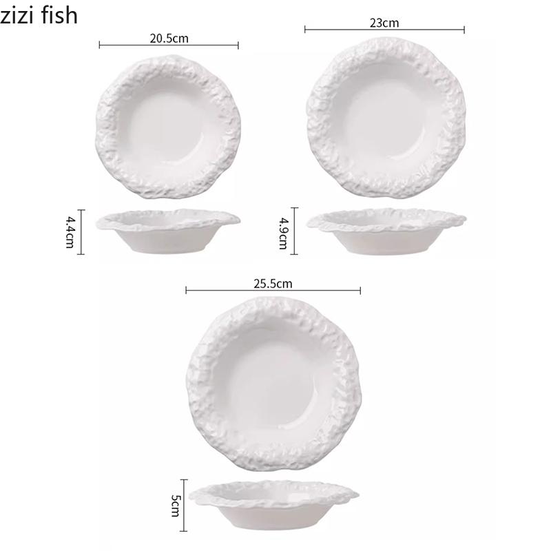 Creative Stone Pattern Edge Ceramic Plate Pure White Salad Plate Dessert Plate Thick Soup Plates Deep Plates Hotel Tableware
