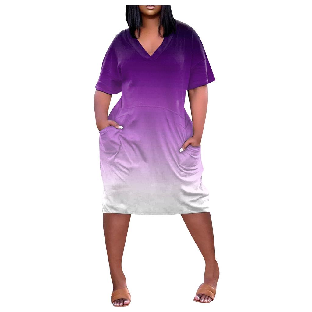 2022 женское летнее повседневное платье больших размеров с V-образным вырезом и короткими рукавами и карманами до колена