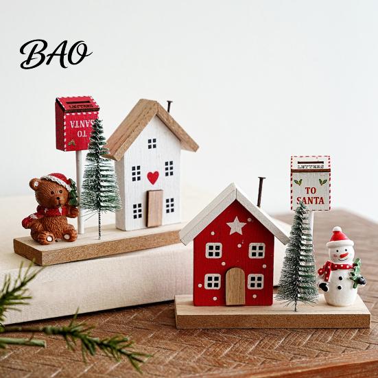 Christmas Showcase Display Mini Village House Figurine, Winter Scene Ornament with Snowman Hand Painted Wood Town Bear & Mailbox, Nordic Style Desktop