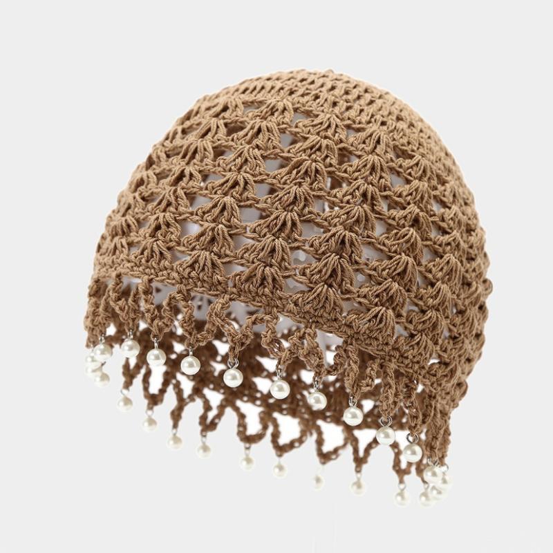 Beige Handmade Crochet Hat Hollow Out Design Faux Pearl Accents Perfect For Boho Daily Wear Vacation Trips