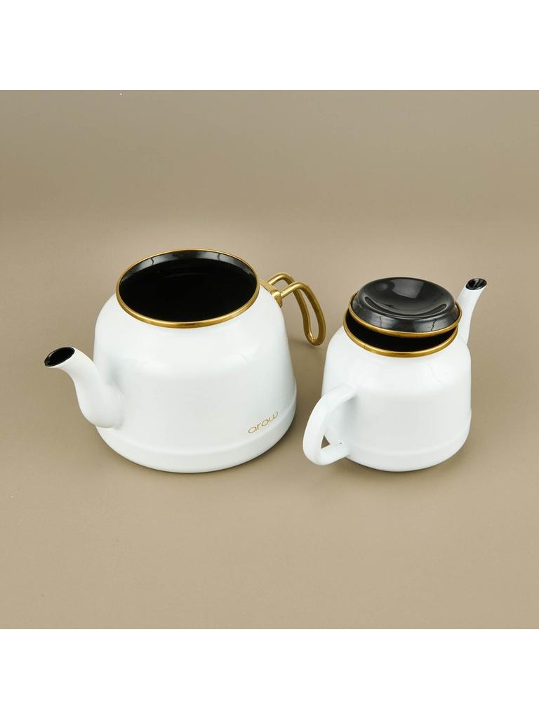 Белый и золотой эмалированный чайник - 2,5 л + 1,1 л