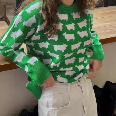 Осенний круглый вырез с принтом овцы свитер женский модный зимний длинный рукав свободный повседневный вязаный свитер женский ретро теплый трикотажный джемпер 24646