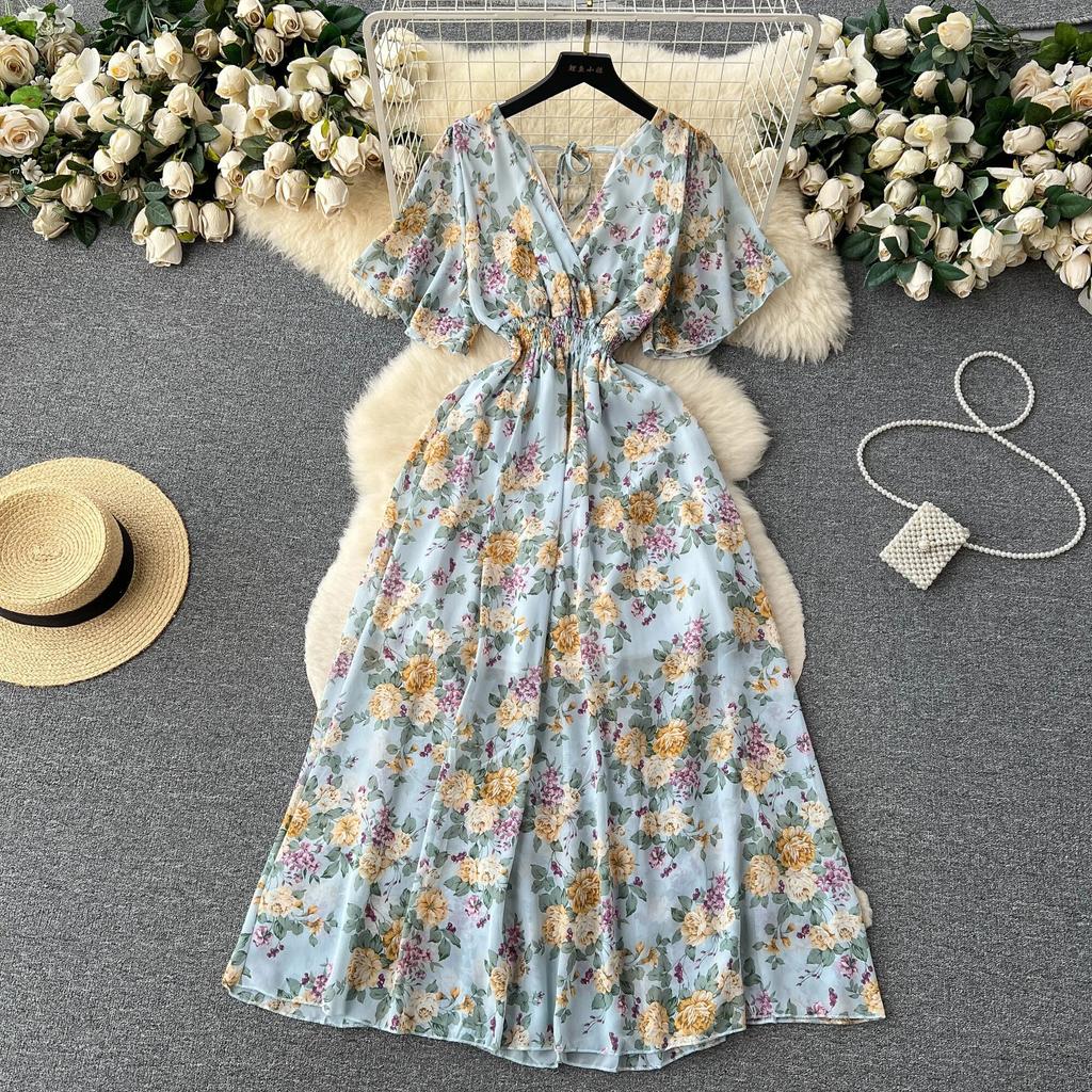 Морское праздничное шифоновое платье с принтом, женское летнее новое обтягивающее талии с v-образным вырезом средней длины, большая распашная юбка, модная