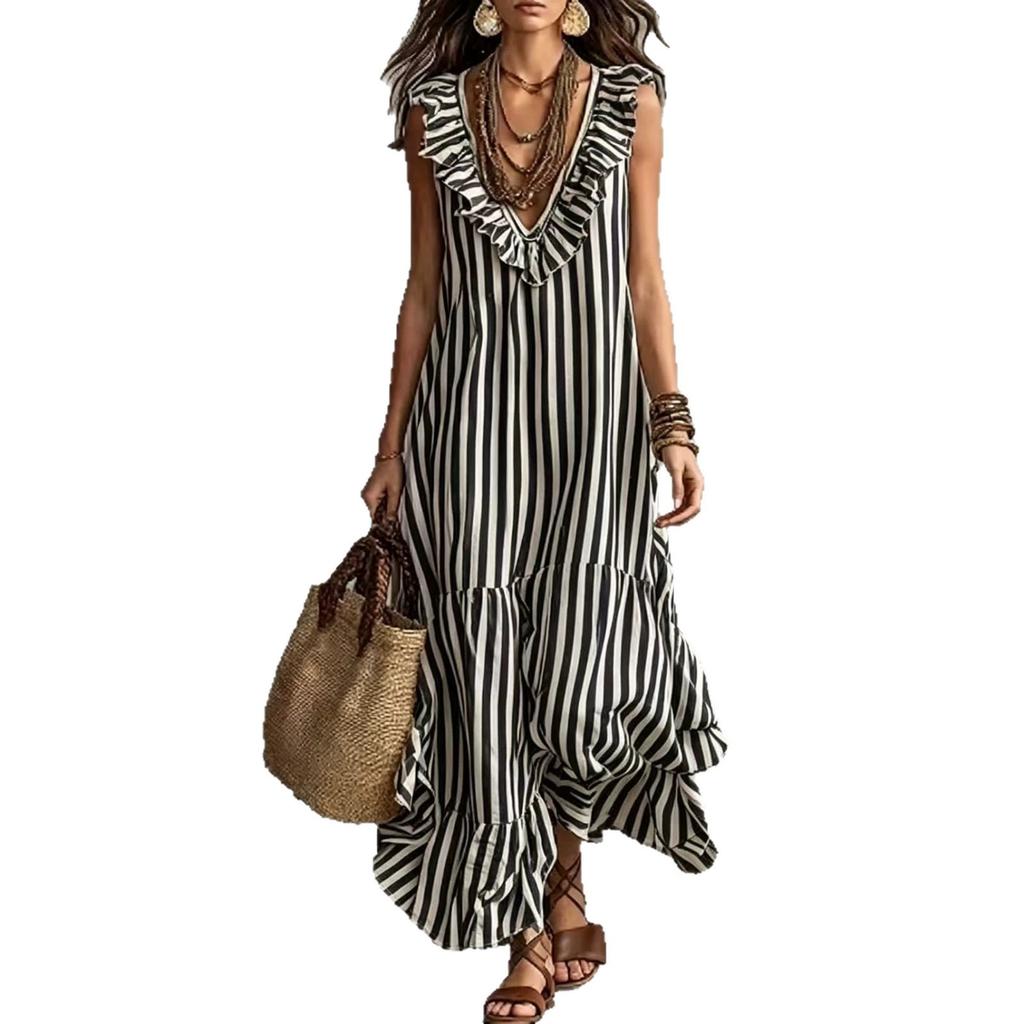 Specially for Bohemian striped ruffle edge V-neck sleeveless long skirt, holiday style loose swing