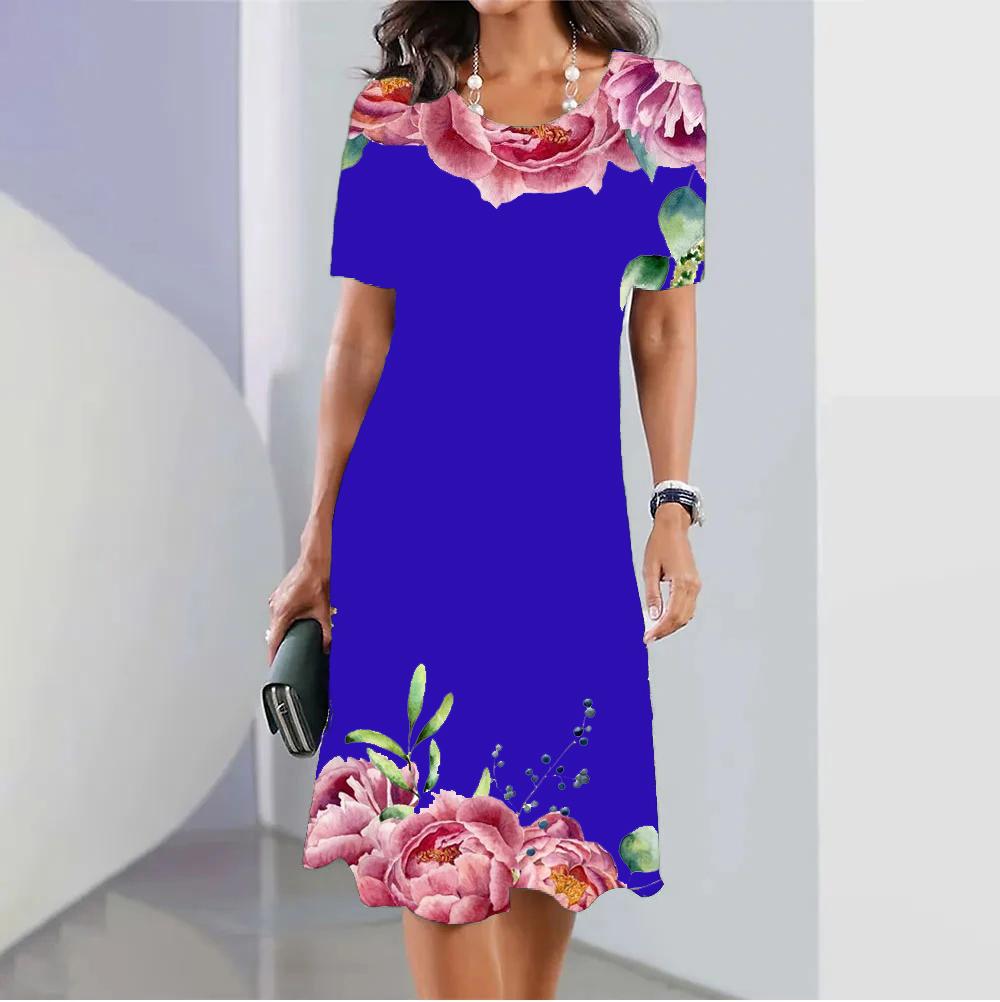 Летние платья с короткими рукавами, стильное женское платье, свободная юбка трапециевидной формы, женская одежда с цветным принтом, повседневный пуловер с круглым воротником